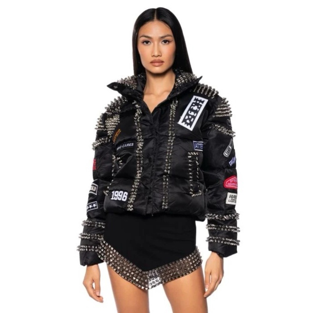 ACDC SPIKED PATCH PUFFER COAT IN BLACK NWT - Picture 16 of 16